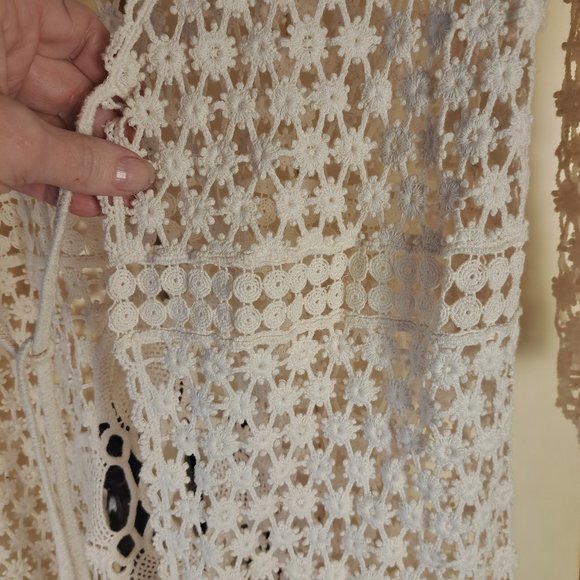Women's Crochet Cardigan Cream Coverup Tunic Length Tie Front - Picture 10 of 10